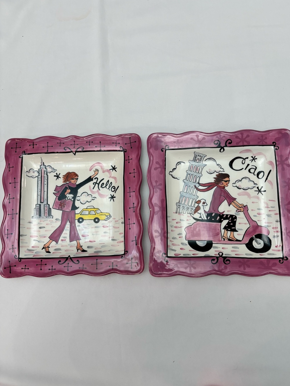 Jennifer Brinley Certified International Pink “Ciao” and “Hello”Ceramic Plates